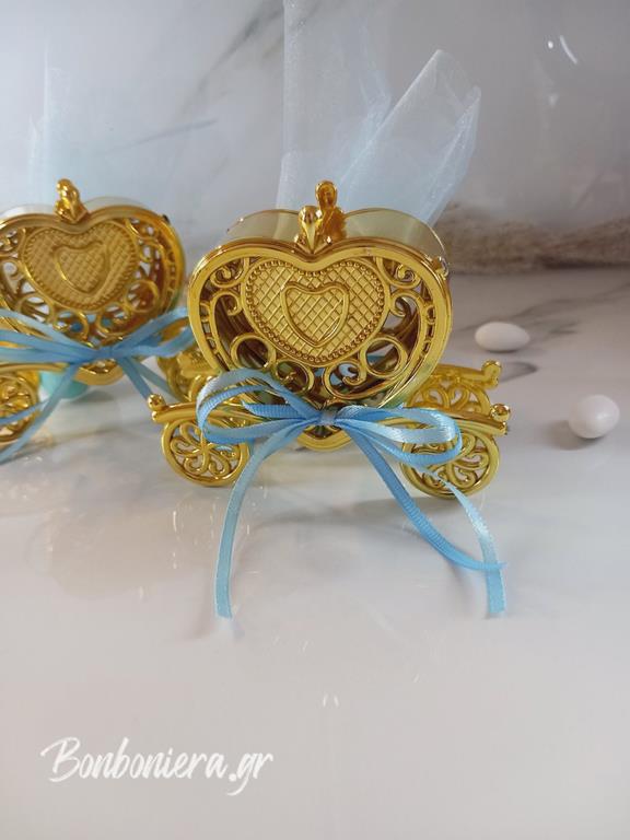 Μπομπονιέρα Βάπτισης με ακρυλική άμαξα σε χρυσό χρώμα