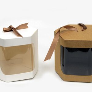 Πολύγωνο Κουτί με Παράθυρο & Κορδέλα 12.5εκ | Λευκό & Κραφτ